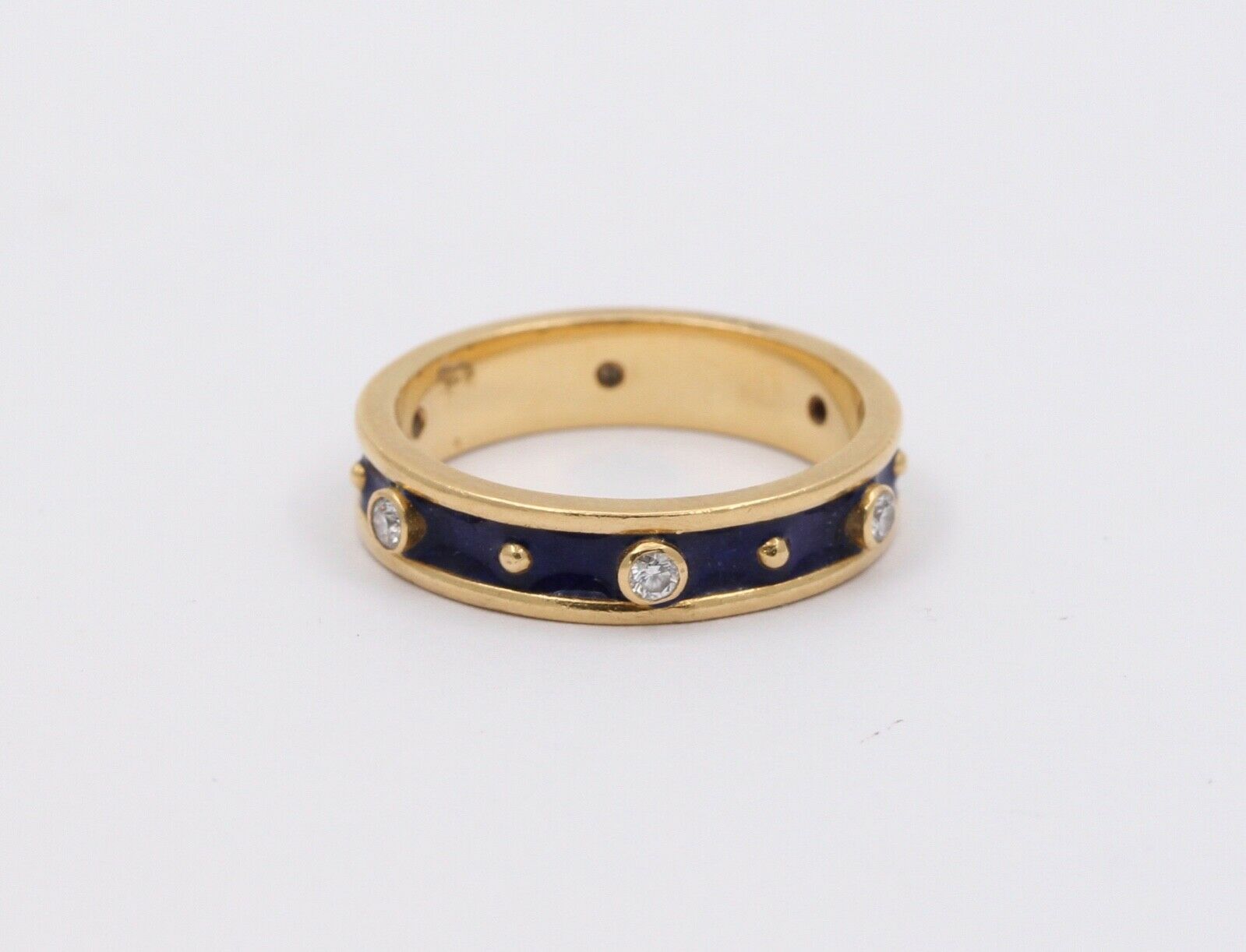 Vintage Ladies Diamonds 18K Yellow Gold Enamel Wedding Band Stacking Ring