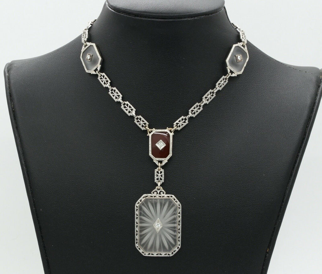Art Deco Platinum 14K White Gold Crystal Diamonds Necklace Pendant