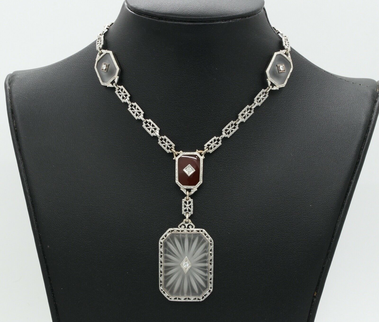 Art Deco Platinum 14K White Gold Crystal Diamonds Necklace Pendant