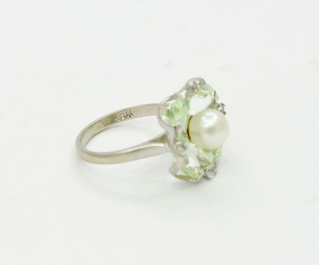 Vintage 10K White Gold Pearl Diamond Green Stone Ring