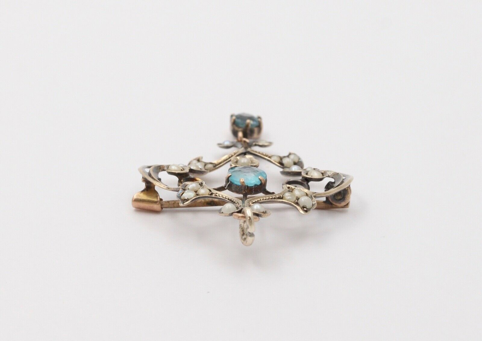 Art Nouveau 10K Yellow Gold Blue Zircon Seed Pearls Pendant Brooch