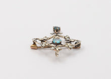 Load image into Gallery viewer, Art Nouveau 10K Yellow Gold Blue Zircon Seed Pearls Pendant Brooch
