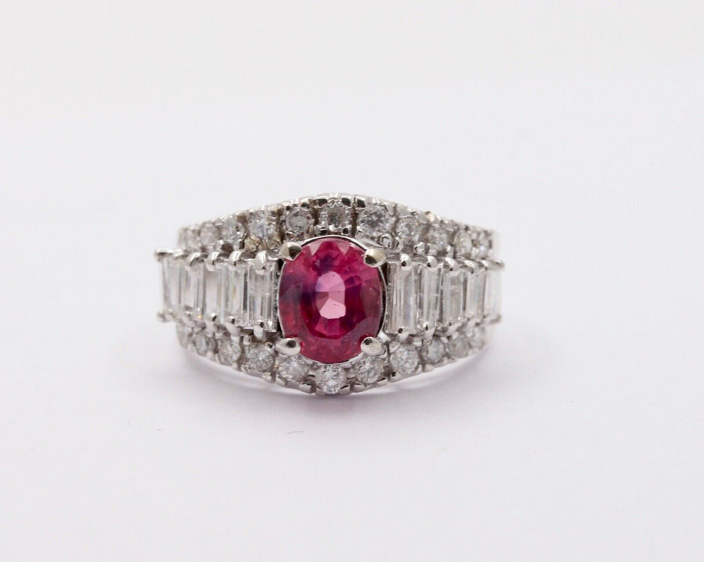 Vintage Pink Sapphire Diamonds 14K White Gold Ring