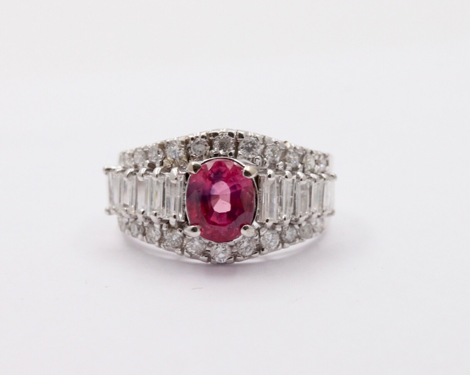 Vintage Pink Sapphire Diamonds 14K White Gold Ring