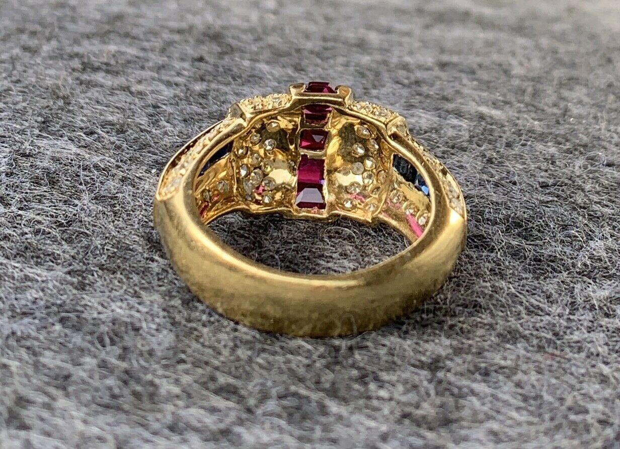 Vintage 1980’s Pave Diamond,Ruby and Sapphire Tri-Color Ring