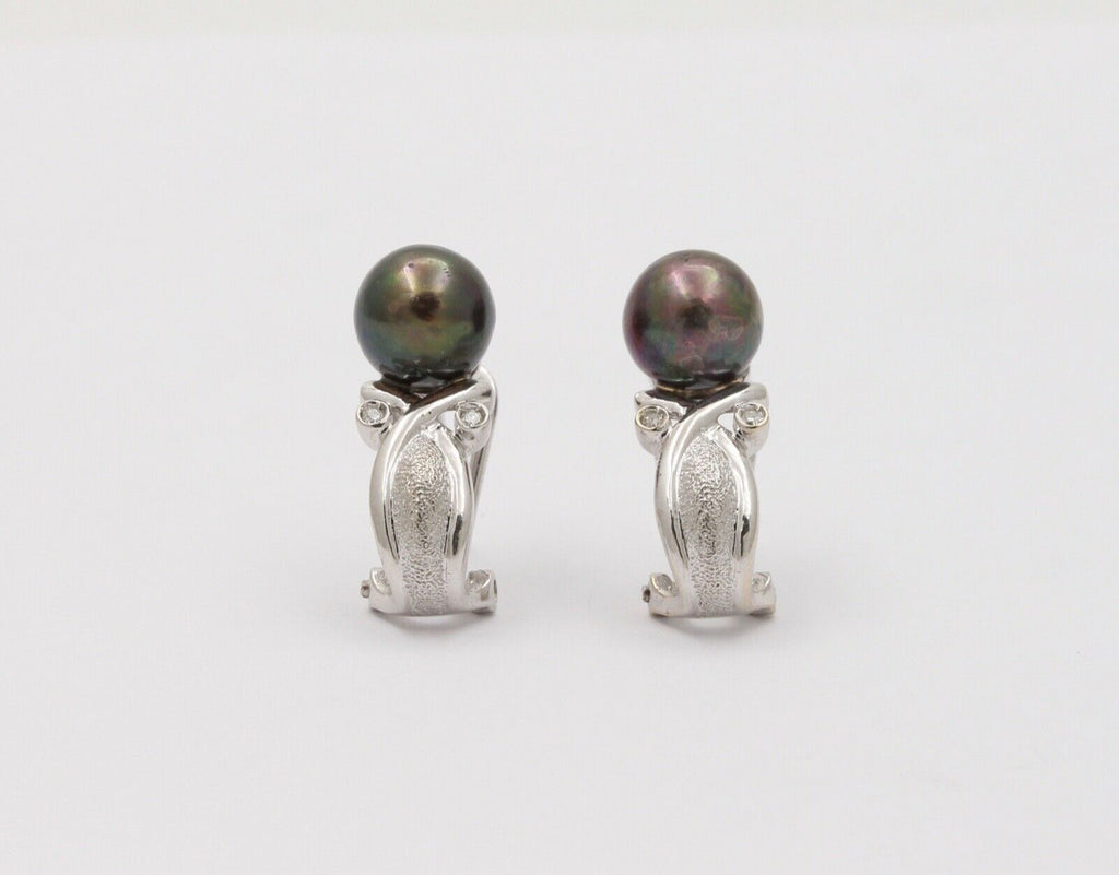 Vintage Tahitian Black Pearls Diamonds 14K White Gold Earrings