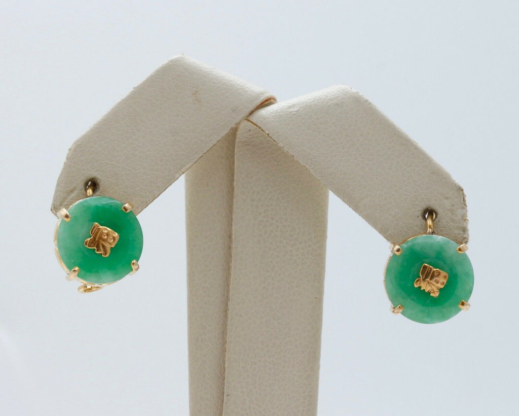 Vintage Good Luck Jade 14K Yellow Gold Earrings