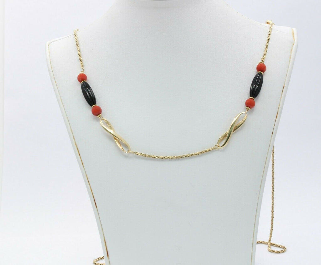 Vintage 14K Yellow Gold Onyx Coral Stacking Rope Style Necklace