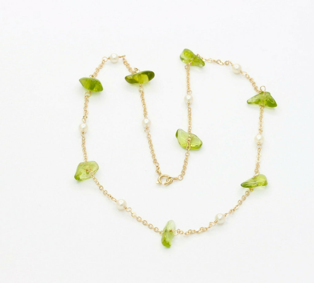 Vintage 14K Yellow Gold Peridot Pearl Necklace