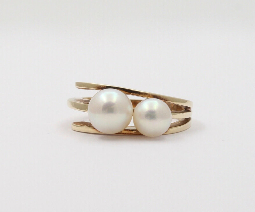 Vintage Mikimoto 14K Yellow Gold Akoya Pearls Bypass Ring