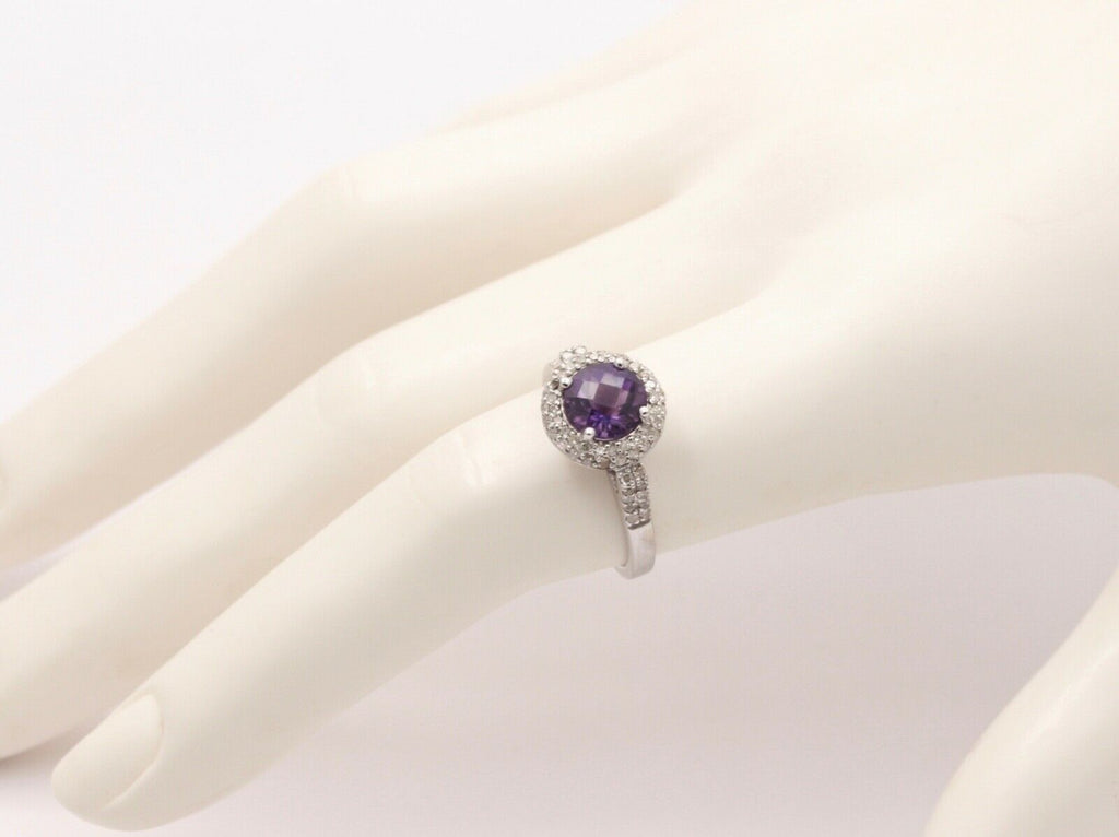 Vintage 14K White Gold Round Amethyst Diamond Halo Ring, Engagement Ring
