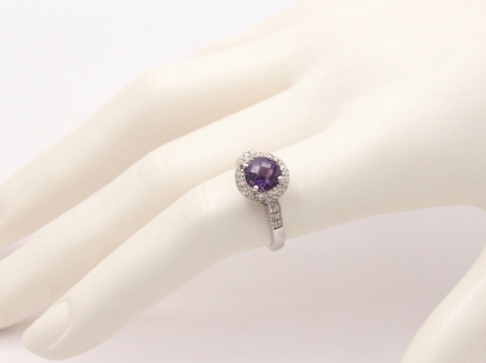 Vintage 14K White Gold Round Amethyst Diamond Halo Ring, Engagement Ring