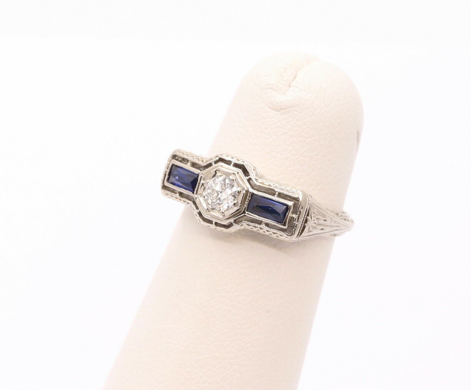 Art Deco 18K White Gold Diamond & Synthetic Sapphire Ring