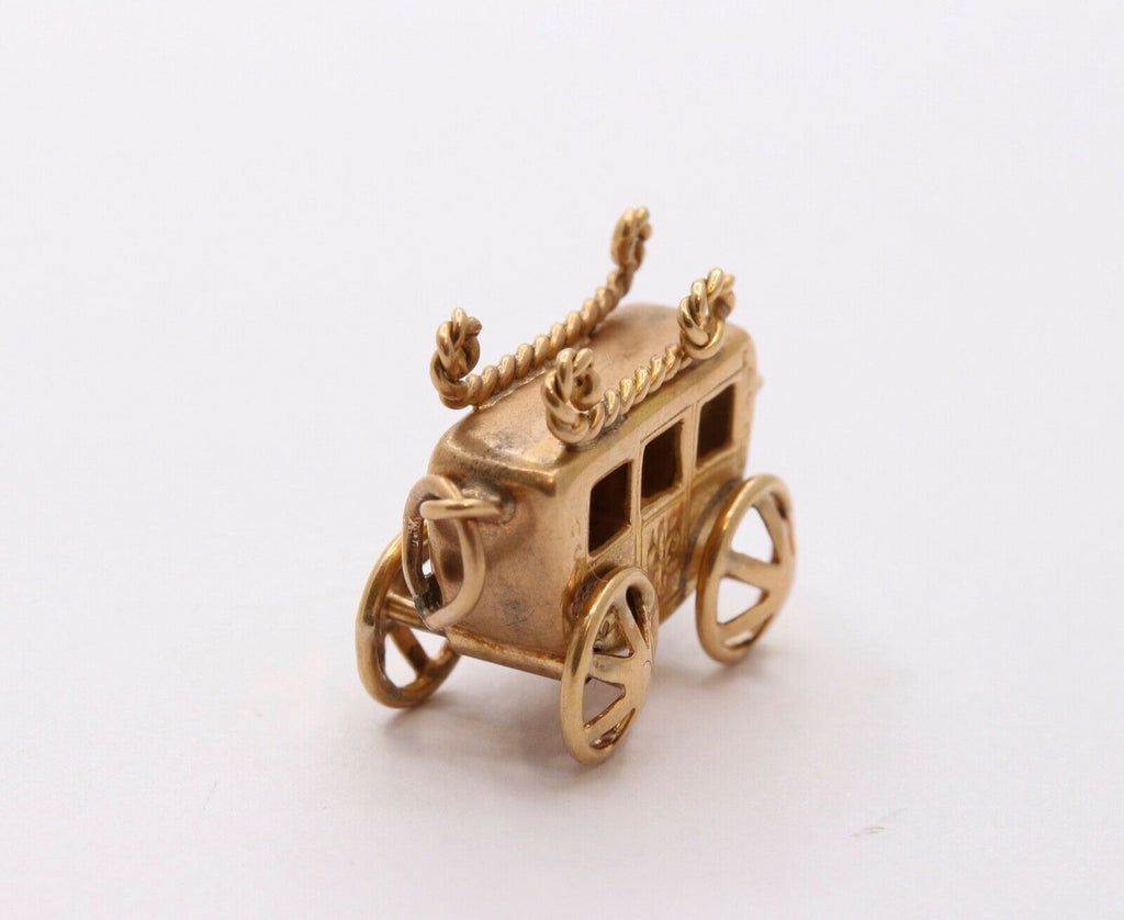 Vintage 14K Yellow Gold Carriage Stage Coach Pendant Charm Movable Wheels