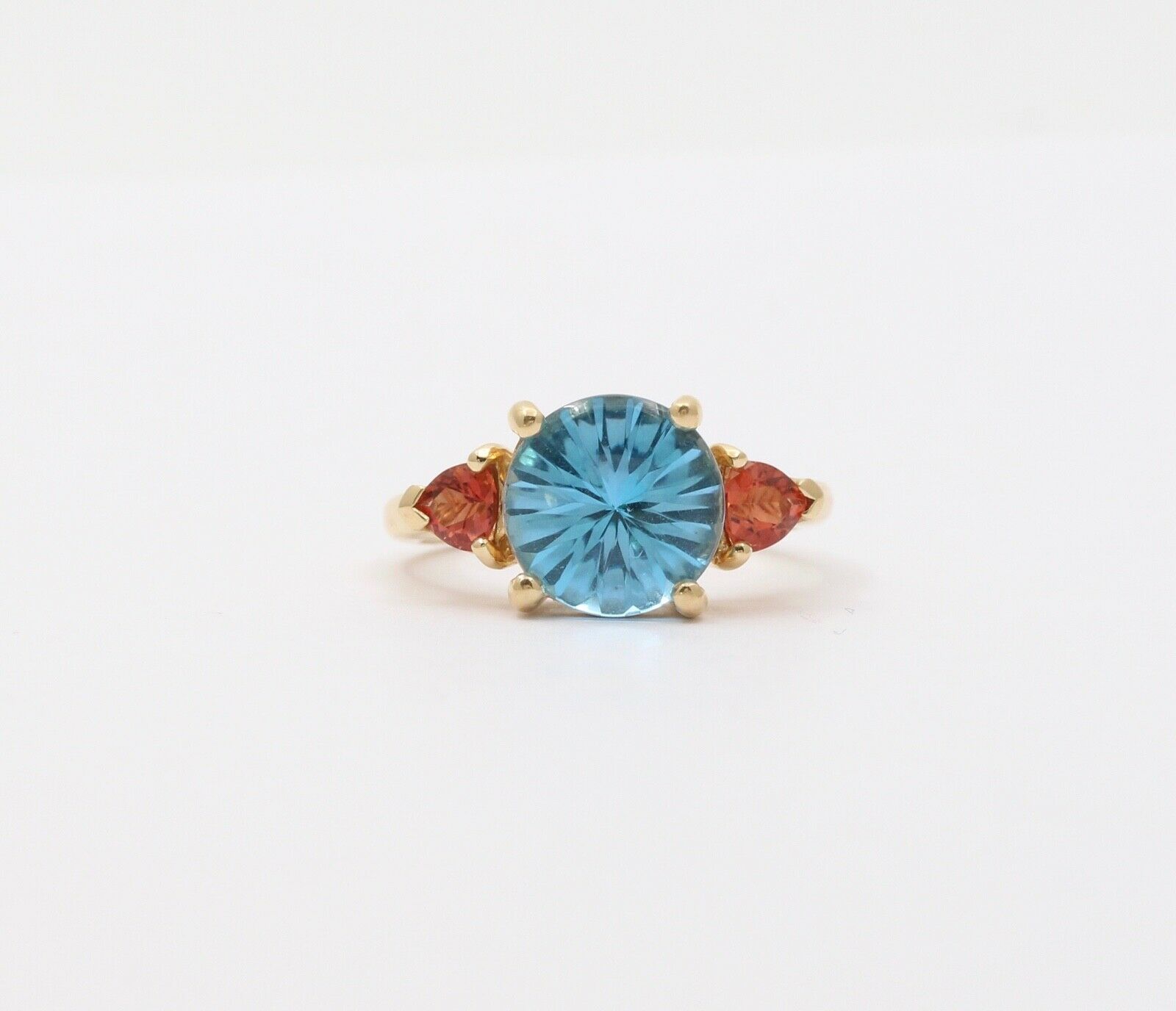Vintage Fancy Cut Blue Topaz Madeira Citrine 14K Yellow Gold Ring
