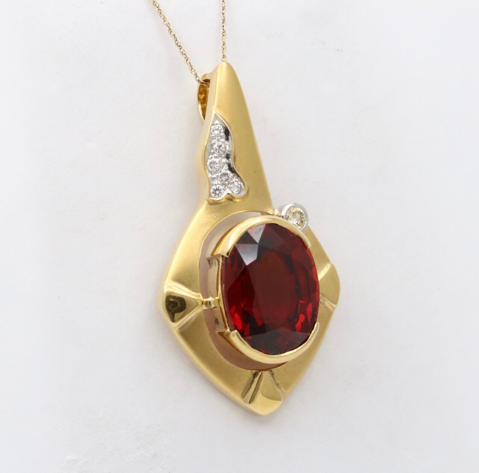 Vintage Funky 18K Gold Certified Large Spessartite Garnet & Diamond Pendant