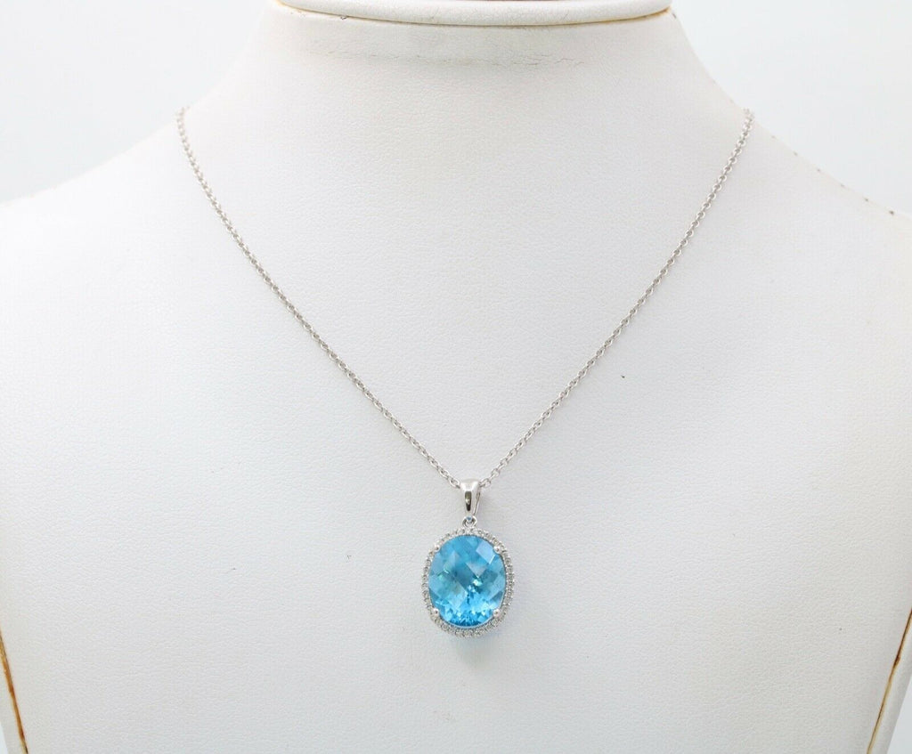 Classic 14K White Gold blue Topaz Diamond Halo Pendant Necklace.