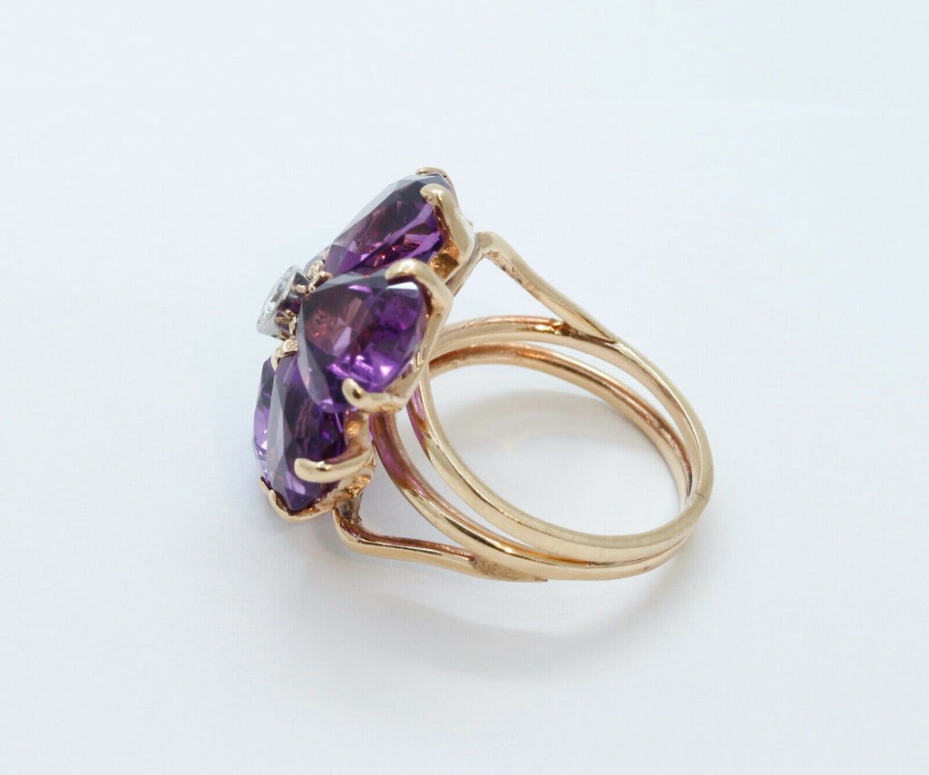 Vintage Siberian Amethyst Hearts Diamond 14K Yellow Gold Ring