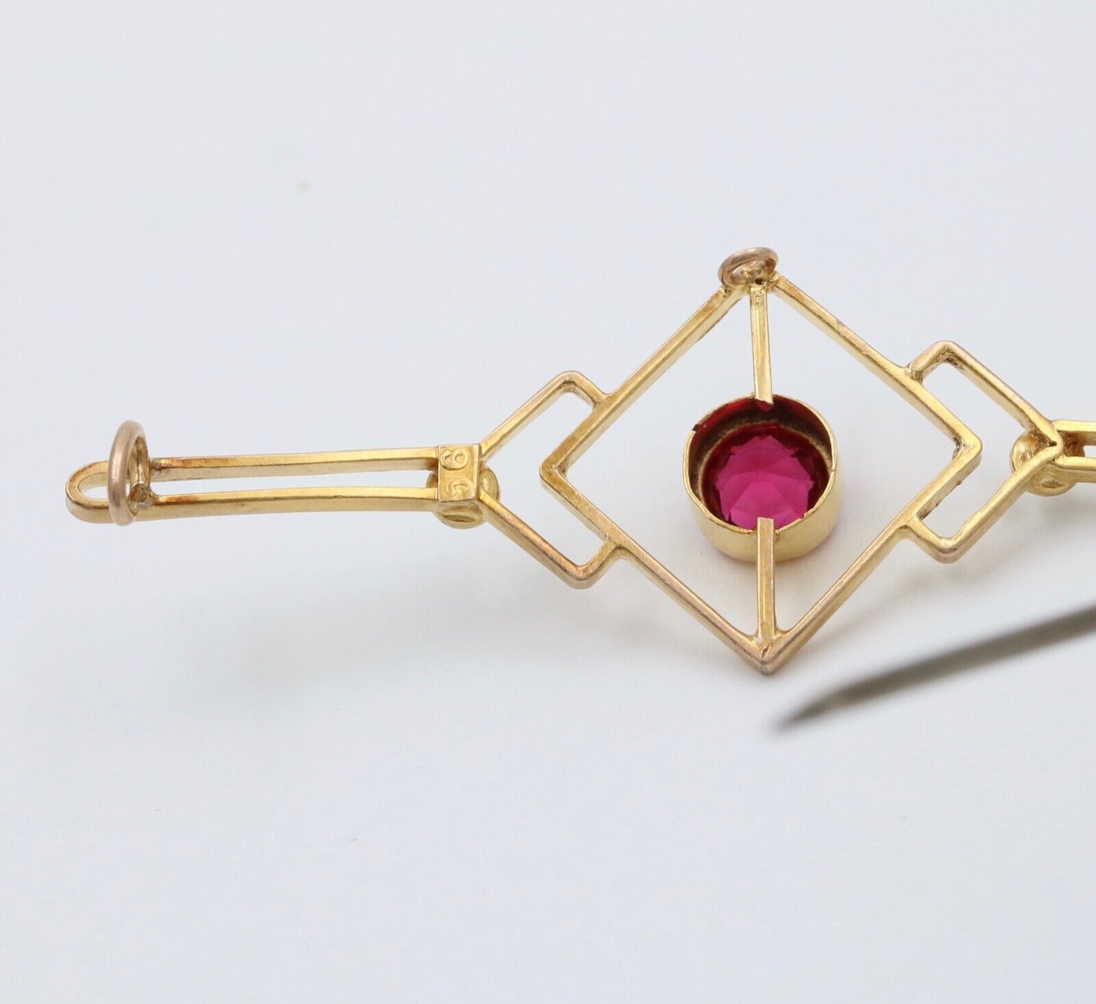 Art Deco 9K Yellow Gold Synthetic Pink Sapphire Pearls Brooch Pin