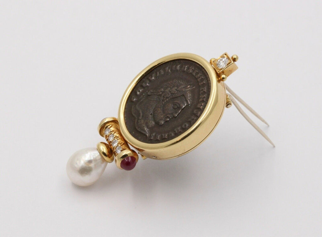 Roman Coin Rubies Diamond Pearl 18K Yellow Gold Brooch Pin