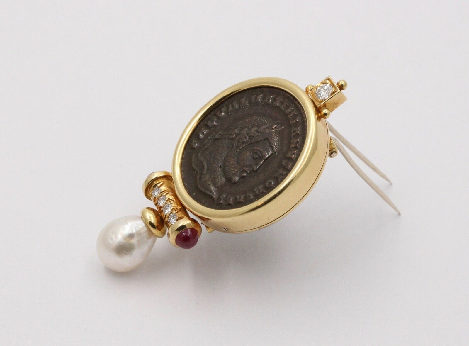 Roman Coin Rubies Diamond Pearl 18K Yellow Gold Brooch Pin