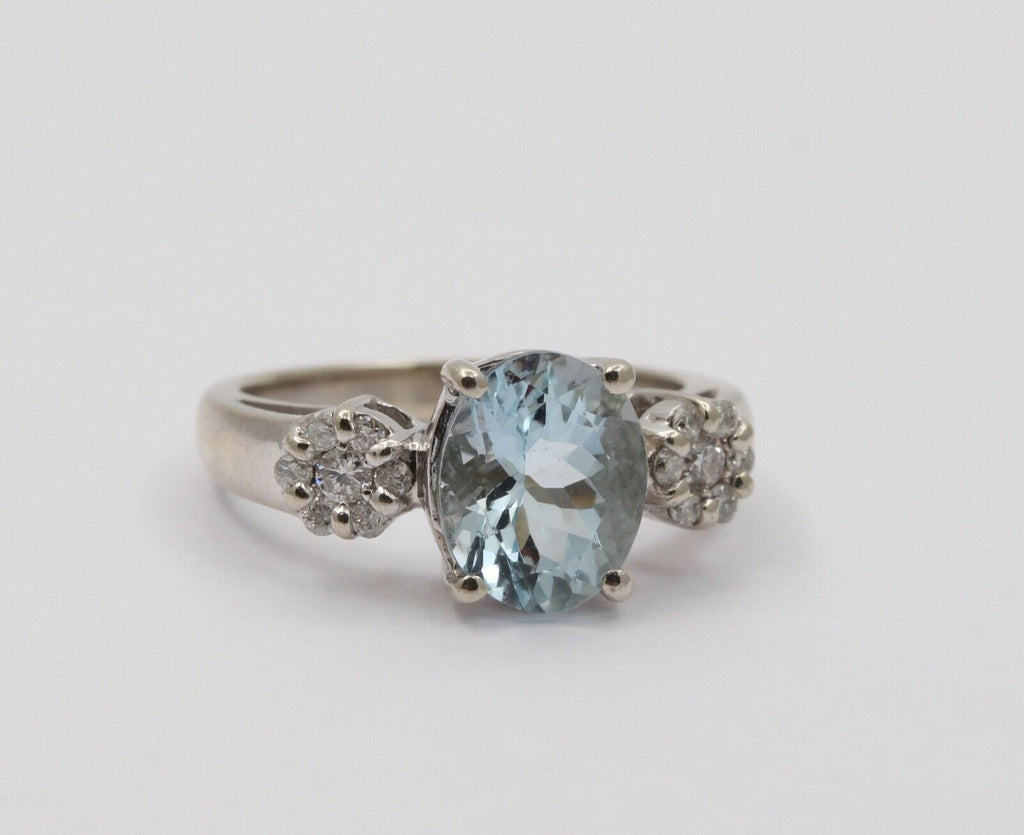 Vintage Oval Aquamarine Diamonds 14K White Gold Ring