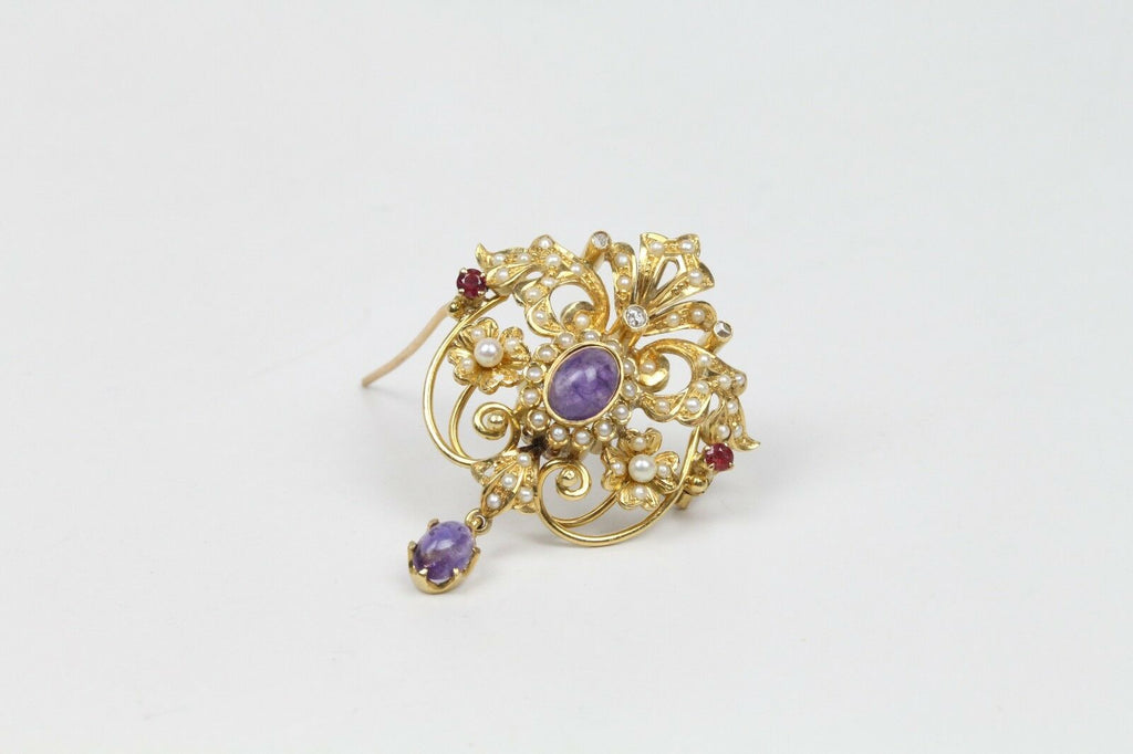 Victorian Ladies Brooch Pin Pendant Rubies Tourmaline Seed Pearls Amethyst