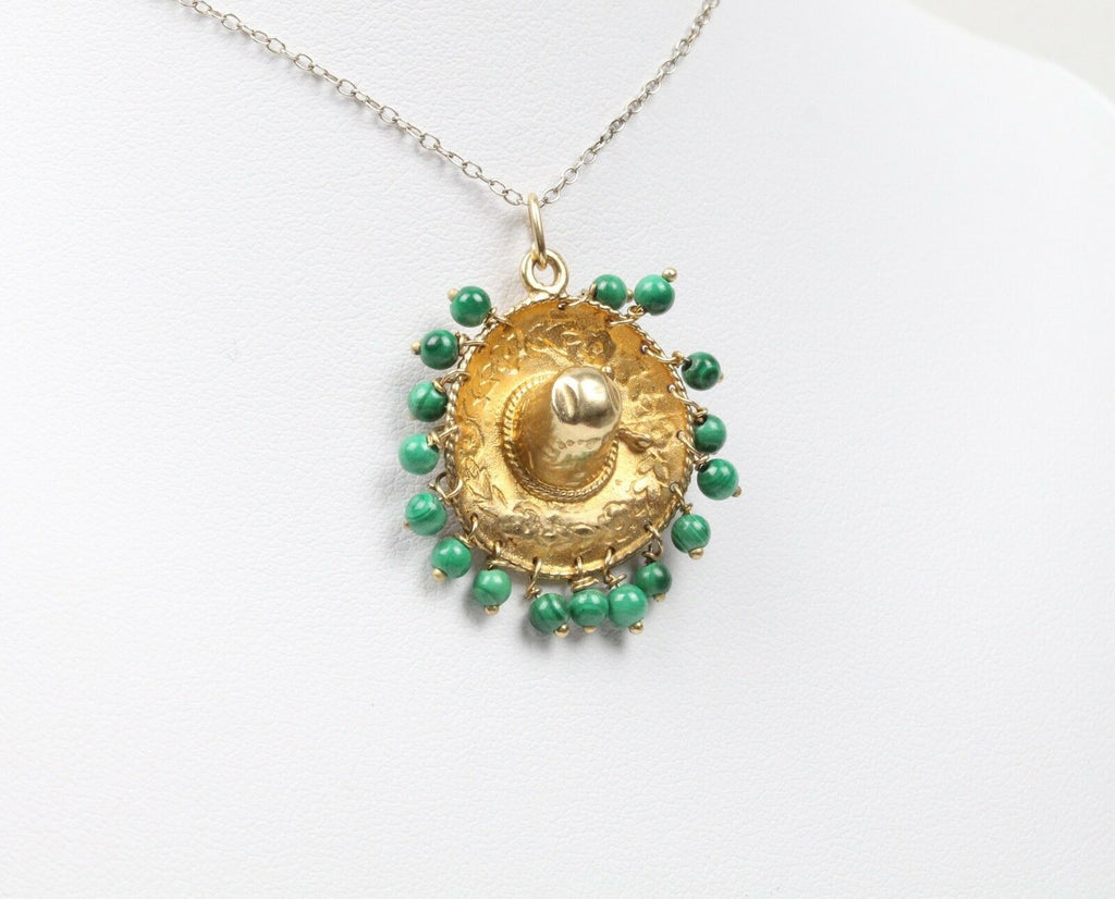 Vintage Sombrero Pendant 14K Yellow Gold Malachite