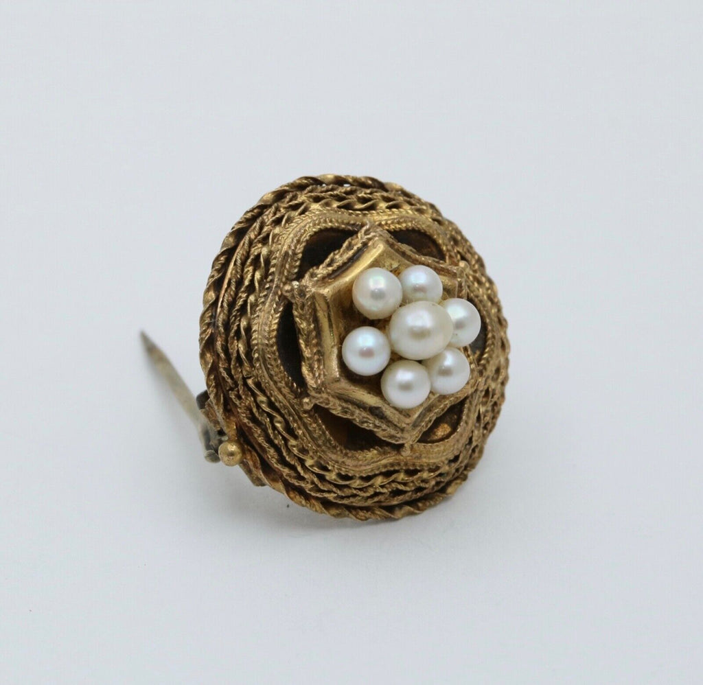Antique Etrascan Revival 14K Yellow Gold Pearl Brooch.