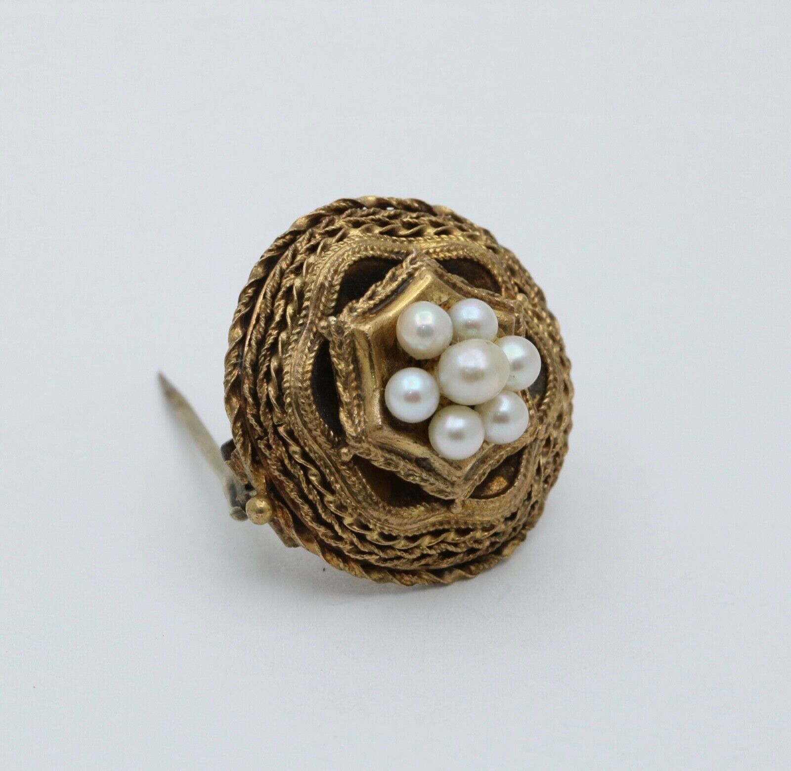 Antique Etrascan Revival 14K Yellow Gold Pearl Brooch.