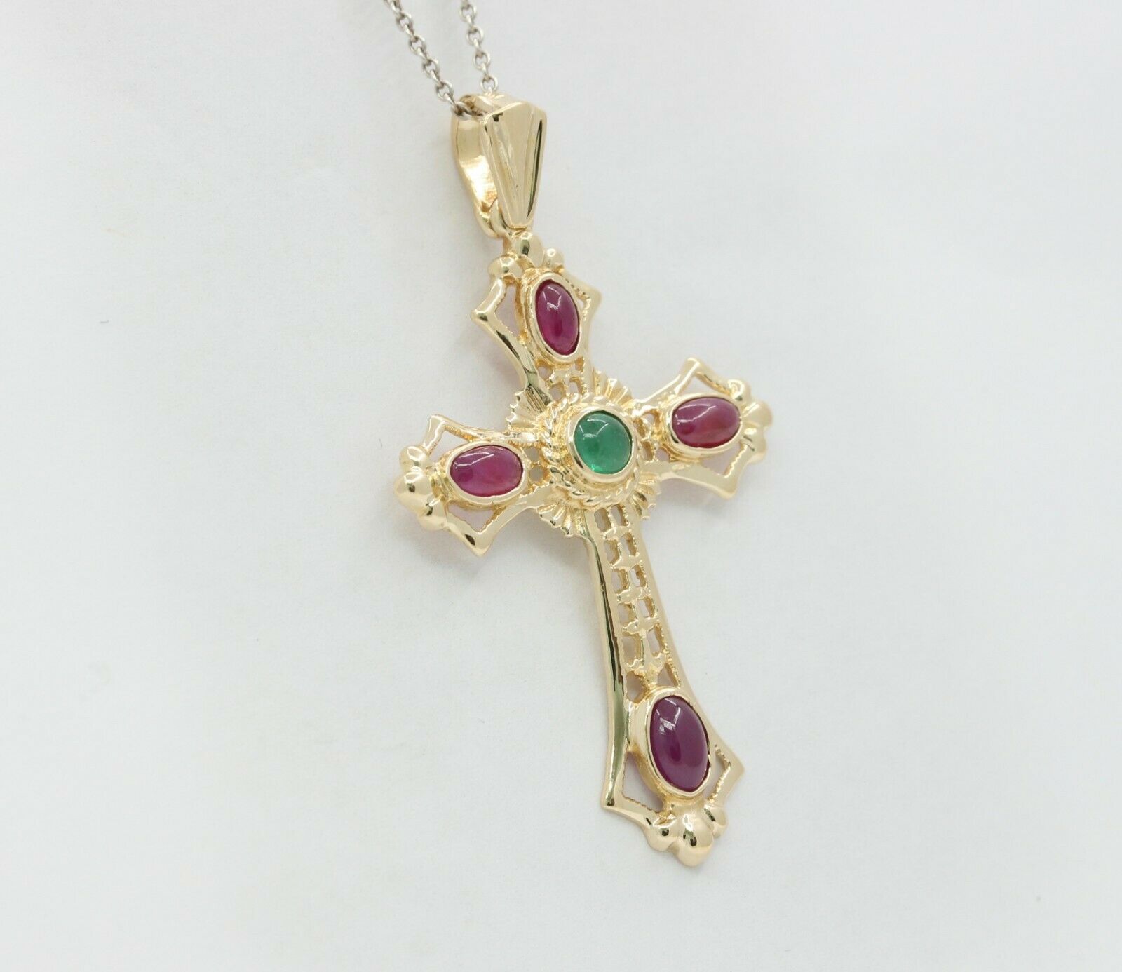 Vintage 14K Yellow Gold Emerald Ruby Portuguese Cross Pendant