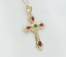 Load image into Gallery viewer, Vintage 14K Yellow Gold Emerald Ruby Cross Pendant
