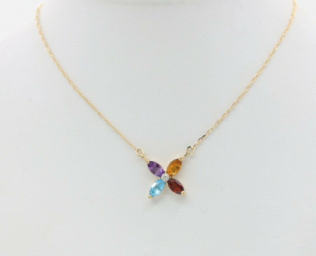 Vintage 14K Yellow Gold Four Leaf Flower Multi Stone Diamond Pendant