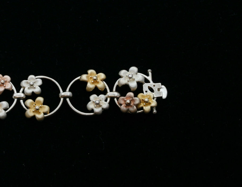 Vintage Sterling Silver Tri Tone Floral Bracelet