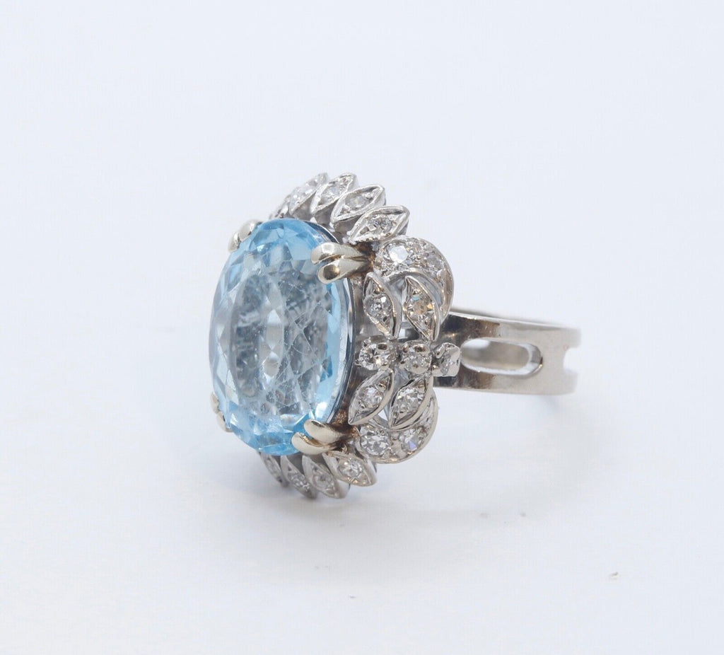 Vintage Blue Topaz Diamonds 14K White Yellow Gold Cocktail Ring