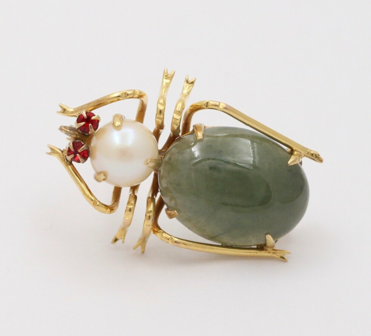 Vintage 9K Yellow Gold Spinach Jade and Pearl Beetle or Spider Brooch Pin