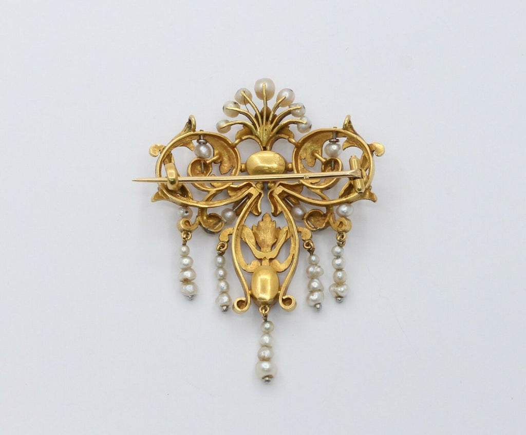French Victorian 18K Yellow Gold Floral Amethyst Pearl Brooch