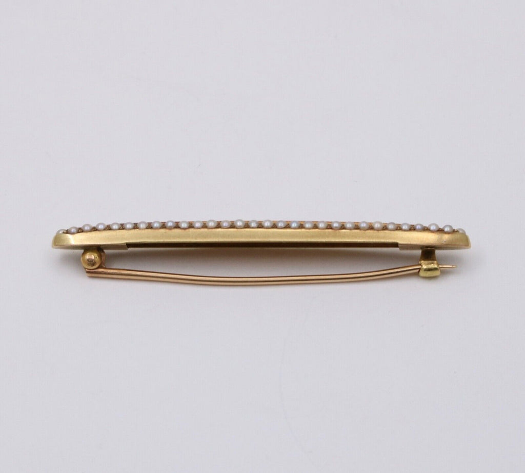 Victorian Pink Enamel Seed Pearls 14K YG Bar Brooch Pin