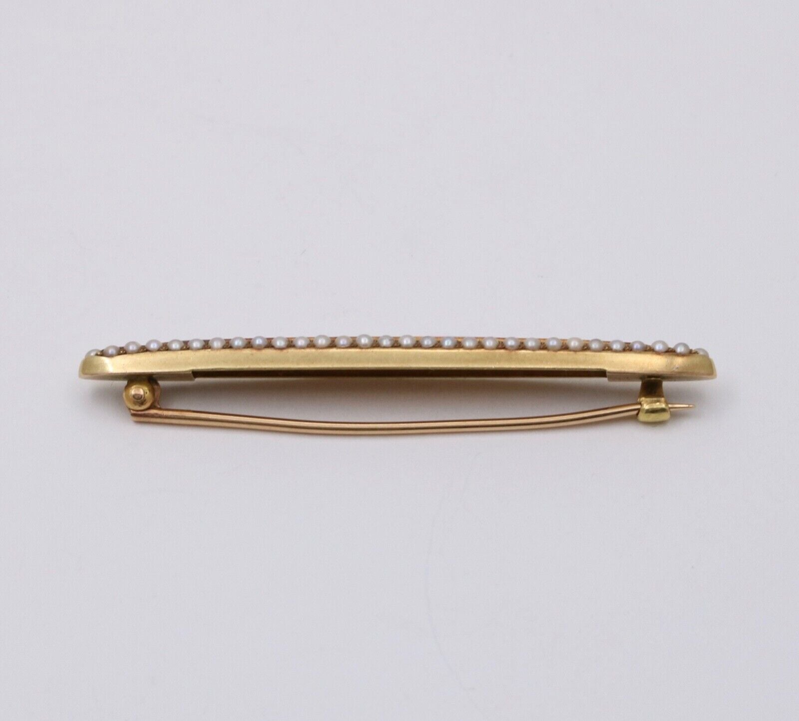 Victorian Pink Enamel Seed Pearls 14K YG Bar Brooch Pin