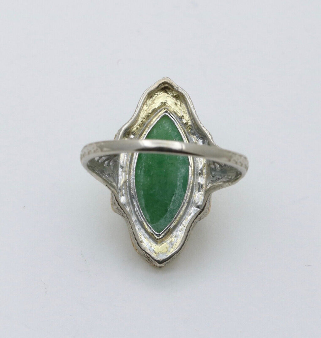 Art Deco 14K Gold Jade Navette Filigree Ring
