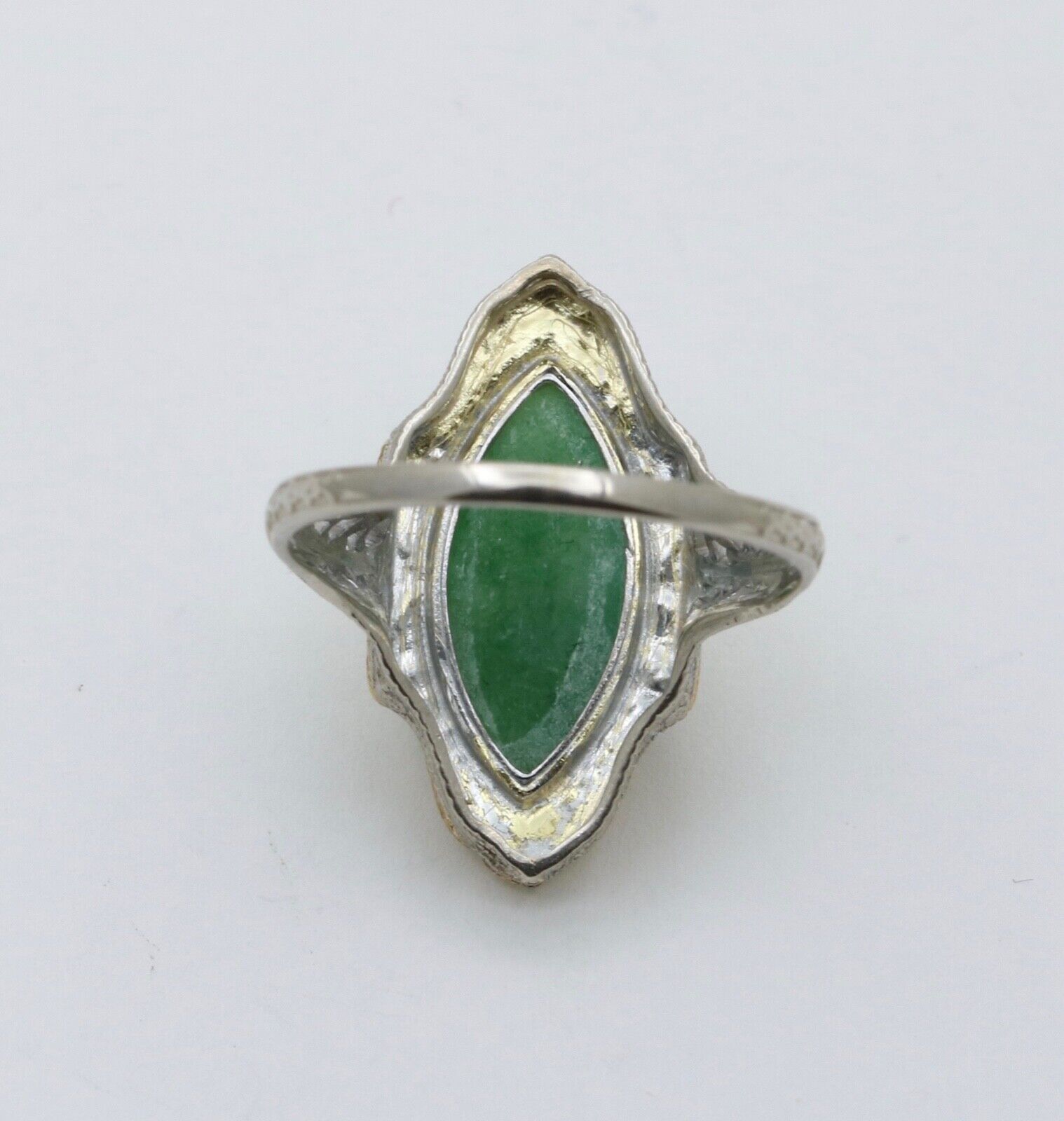 Art Deco 14K Gold Jade Navette Filigree Ring