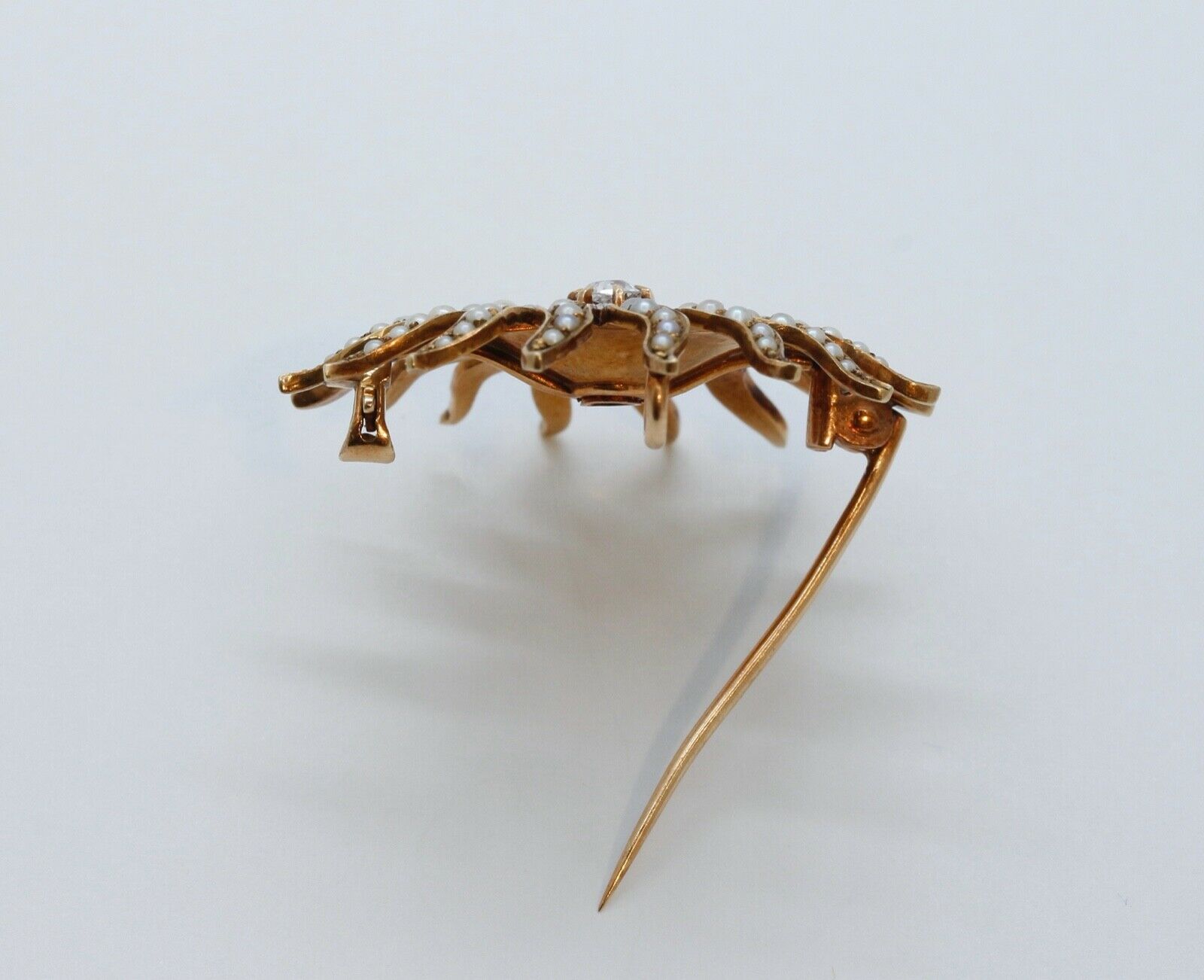 Victorian Shreve and Co Starburst 14K Yellow Gold Diamond Seed Pearls Brooch Pin