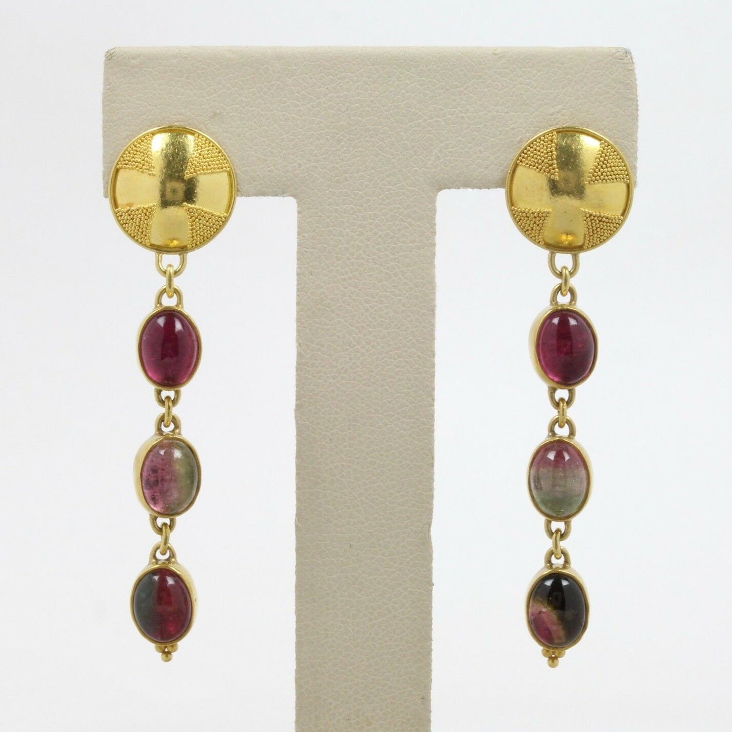 Vintage 18K Yellow Gold and Watermelon Tourmaline Dangling Earrings