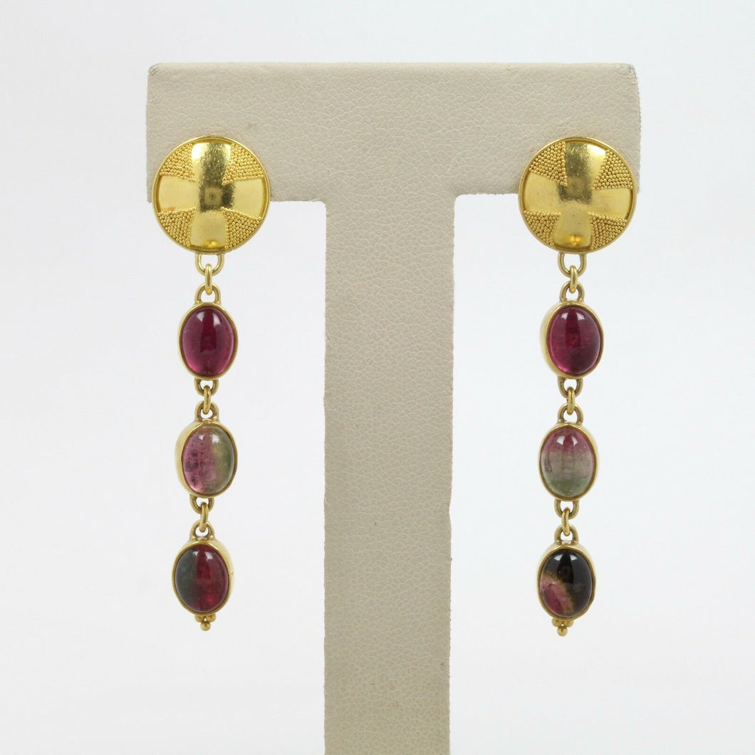 Victorian 18K Yellow Gold and Watermelon Tourmaline Hanging Earrings