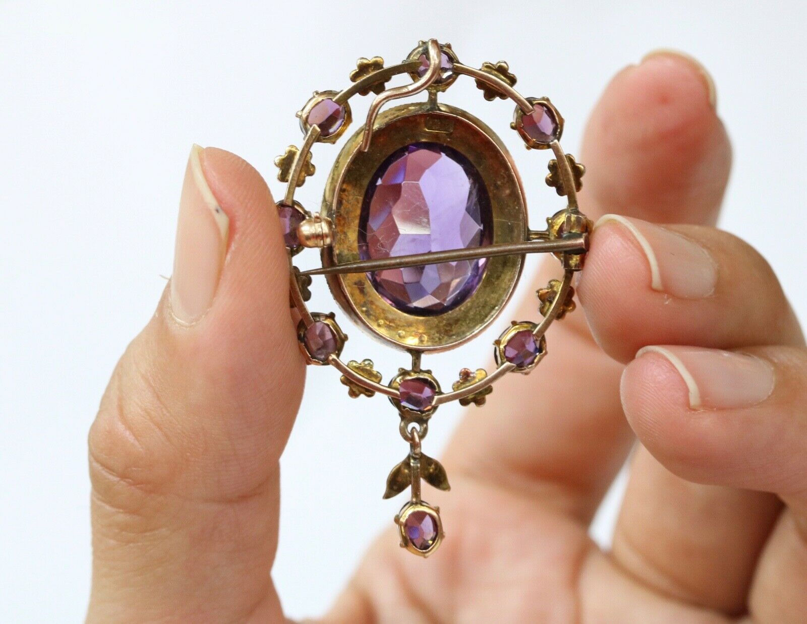 Victorian Amethyst Seed Pearl Milgrain 9 Carat Brooch Pendant