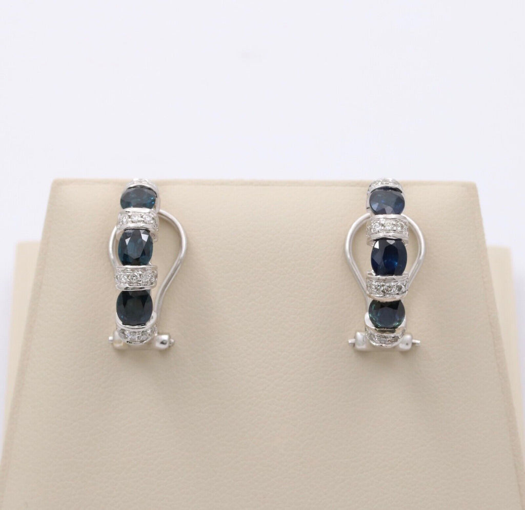 Vintage Blue Sapphire Diamonds 14K White Gold Earrings