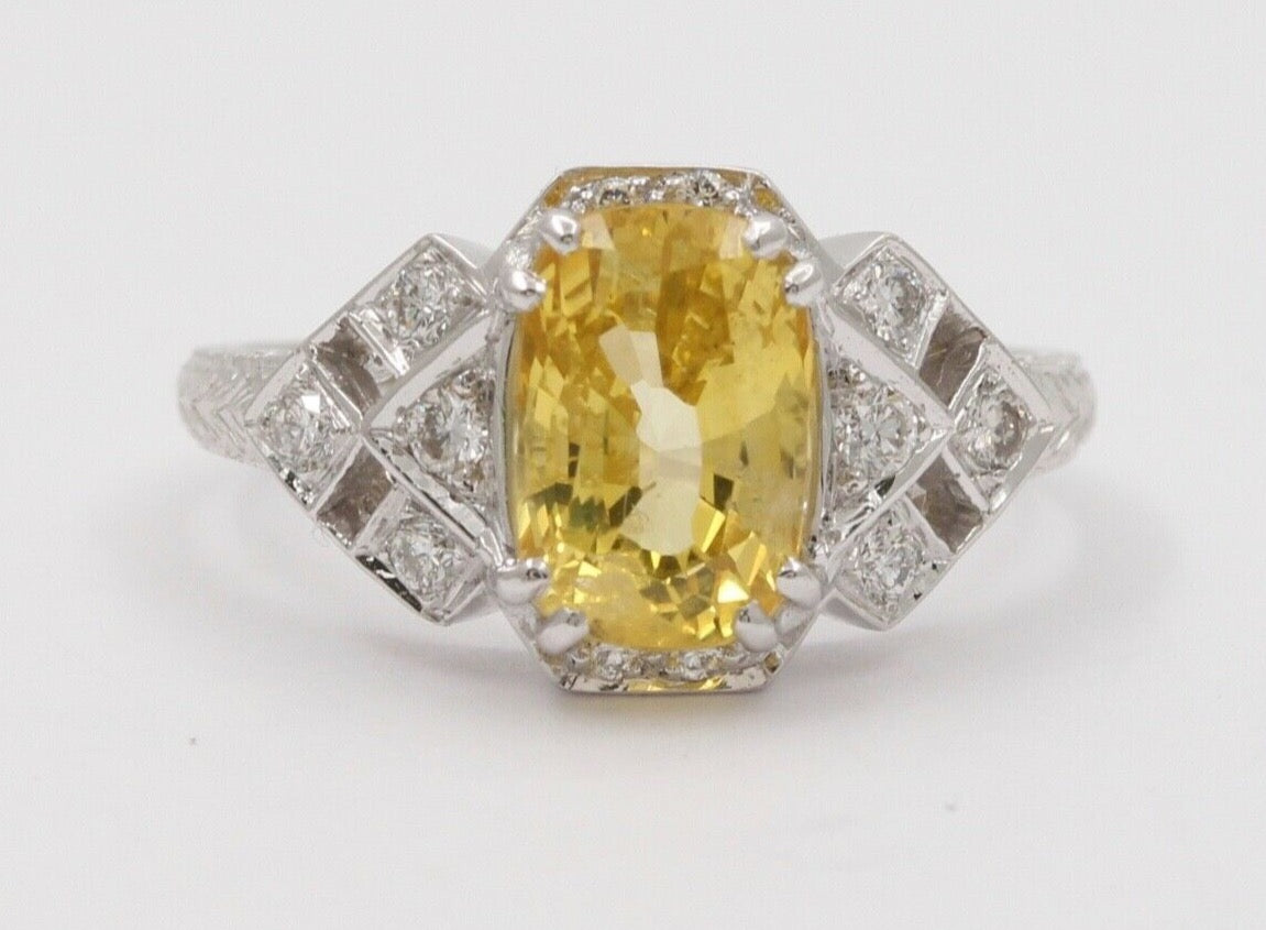 2.48 carats Cushion Cut Vivid Yellow Sapphire 18K White Gold Diamond Ring