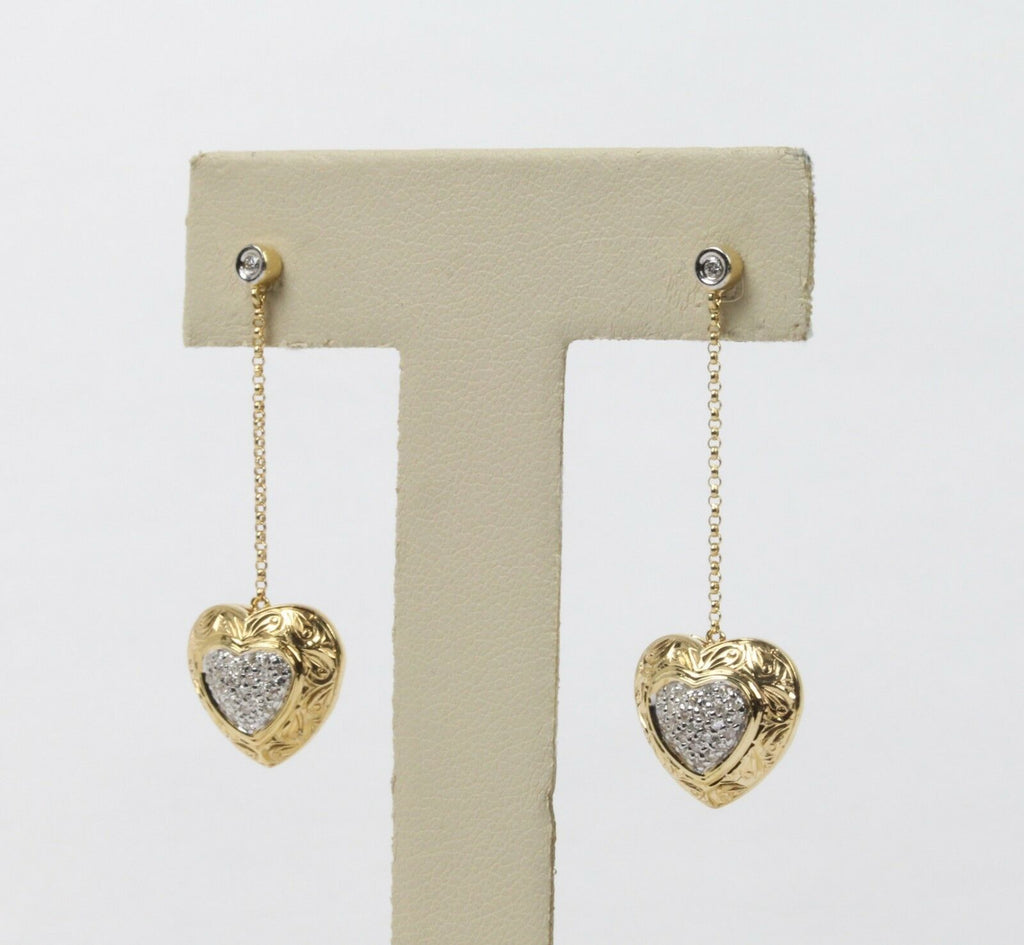 Vintage 14K Yellow Gold Diamond Heart Dangling Earrings