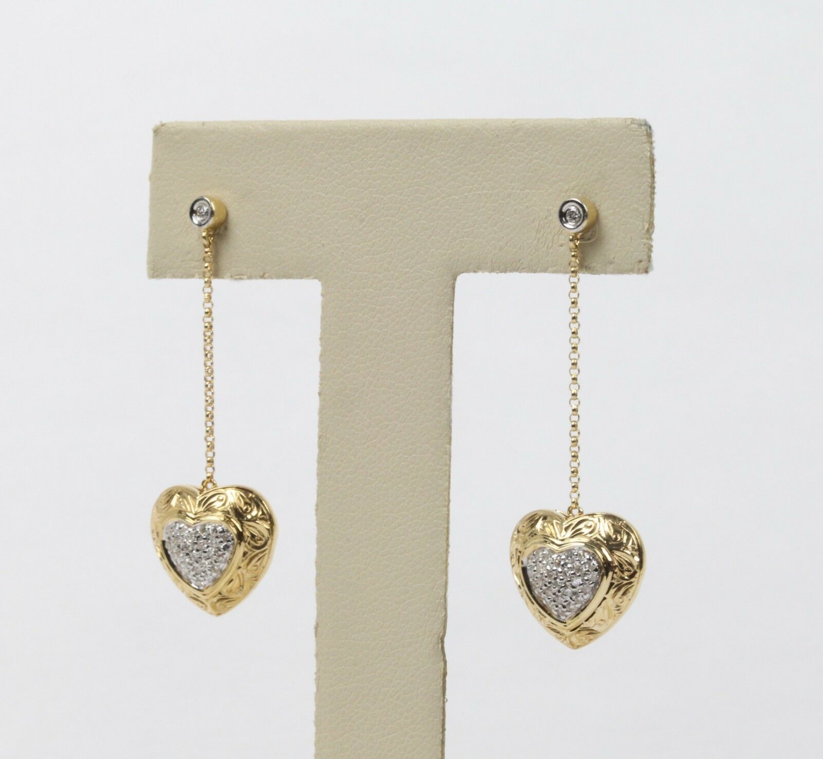 Vintage 14K Yellow Gold Diamond Heart Dangling Earrings