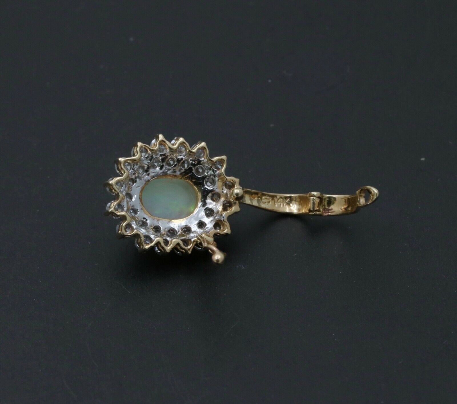 Vintage 14K Yellow Gold Australian Opal & Diamond Halo Pendant, Necklace.